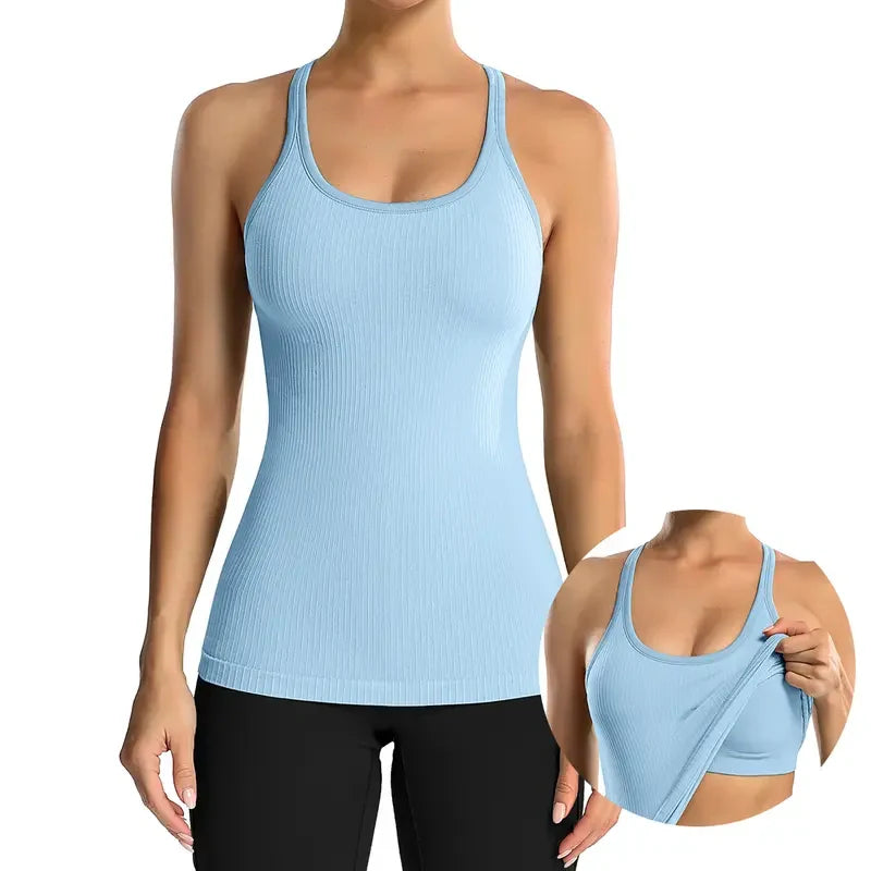 Ribbed Built-In Bra Workout Tank Top – Tight Racerback Athletic Summer Crop