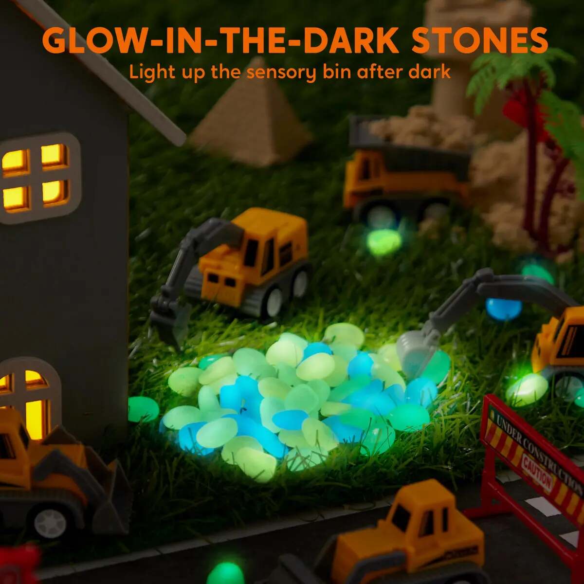 Construction Sensory Bin with Glow Stones