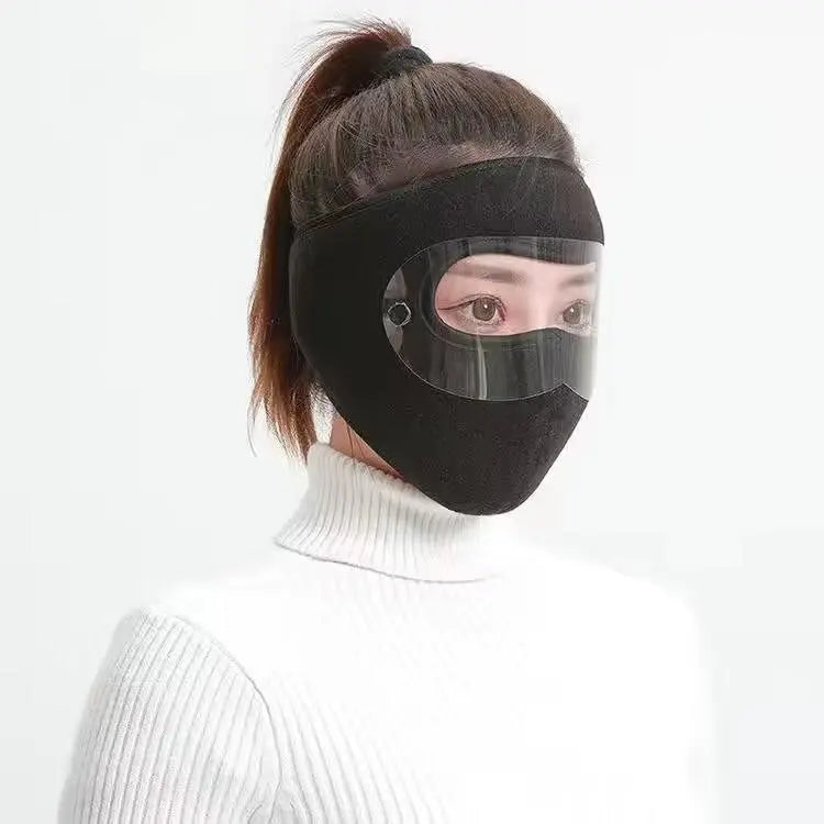 Black Winter Face Cover with Detachable Eye Shield - source design and use details