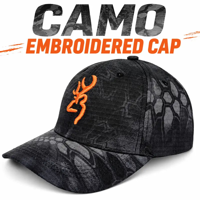 Black Embroidered Outdoor Baseball Cap - source design and use details