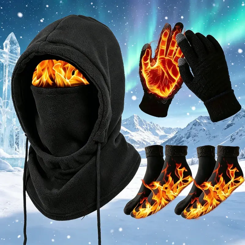 Black Hood, Gloves and Optional Socks Winter Kit - source design and use details