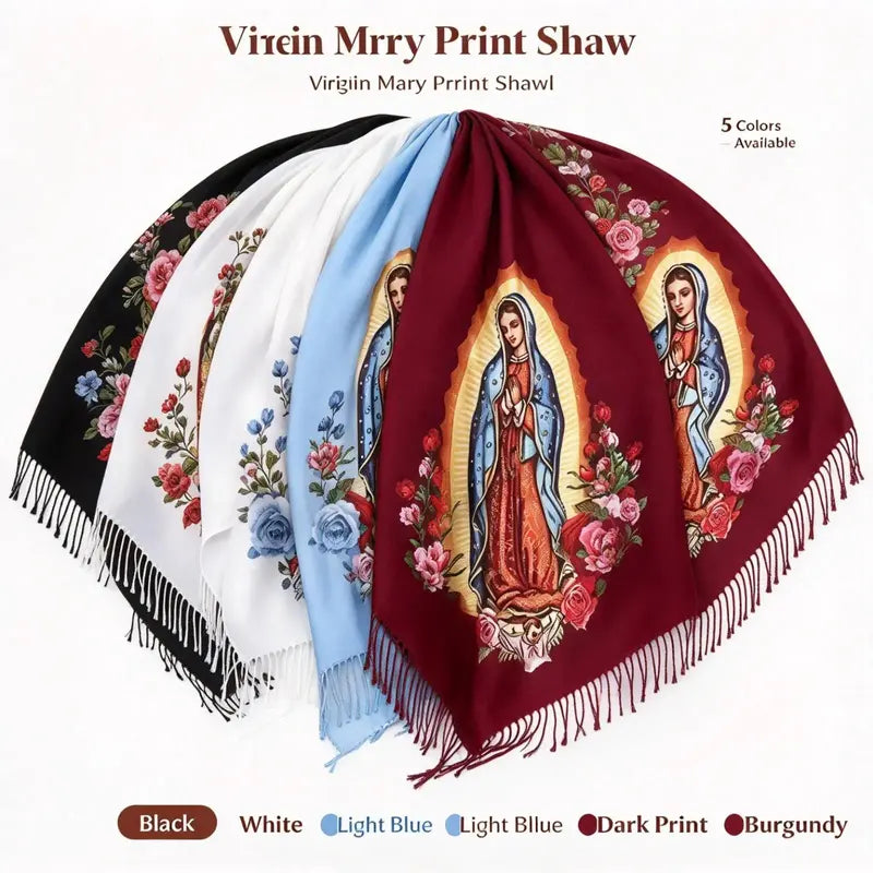 Virgin Mary Floral-Print Fringed Shawl - source design and use details