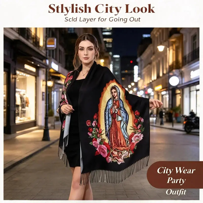 Virgin Mary Floral-Print Fringed Shawl - source design and use details