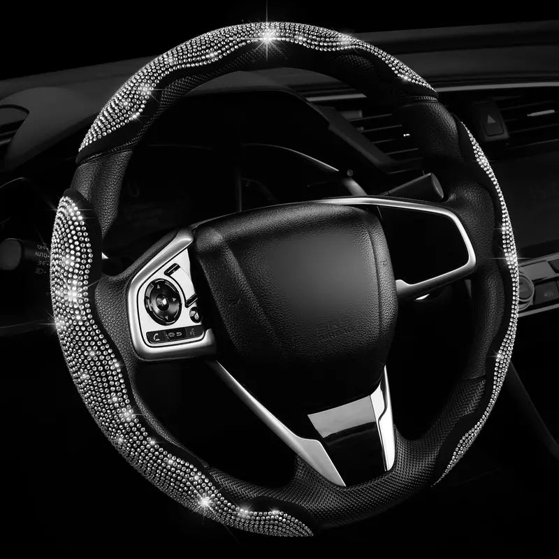 QUEEN'S LAND Rhinestone Segmented Steering Wheel Cover — Black with White