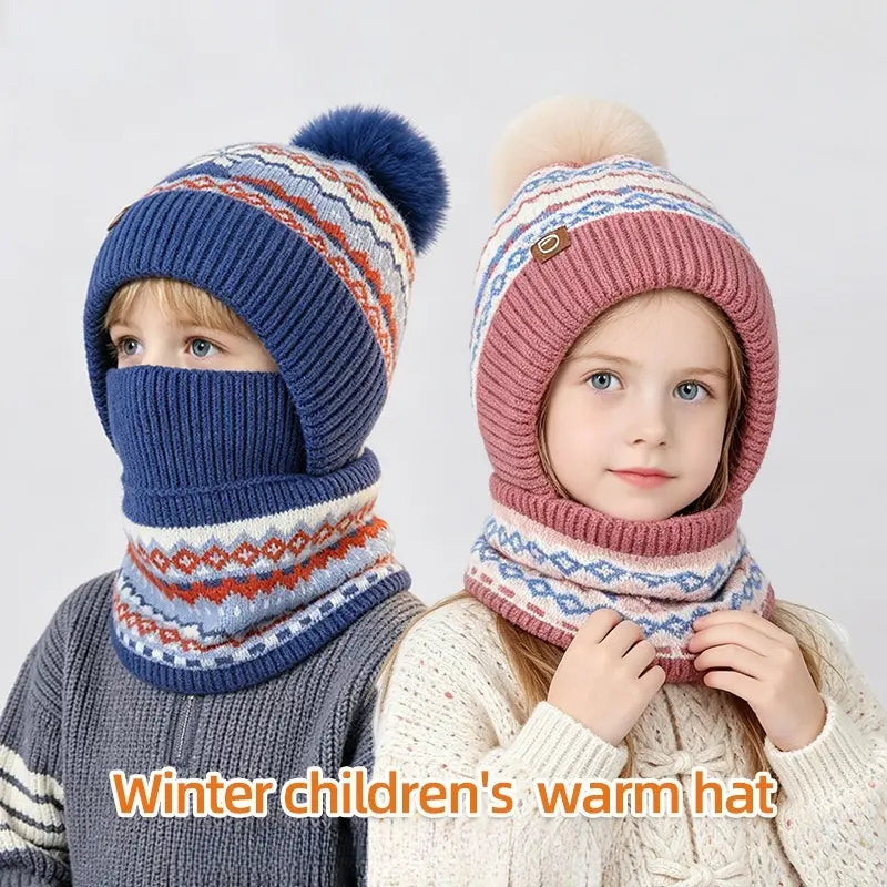 Kids Patterned Knit Hood with Pom Pom — 0