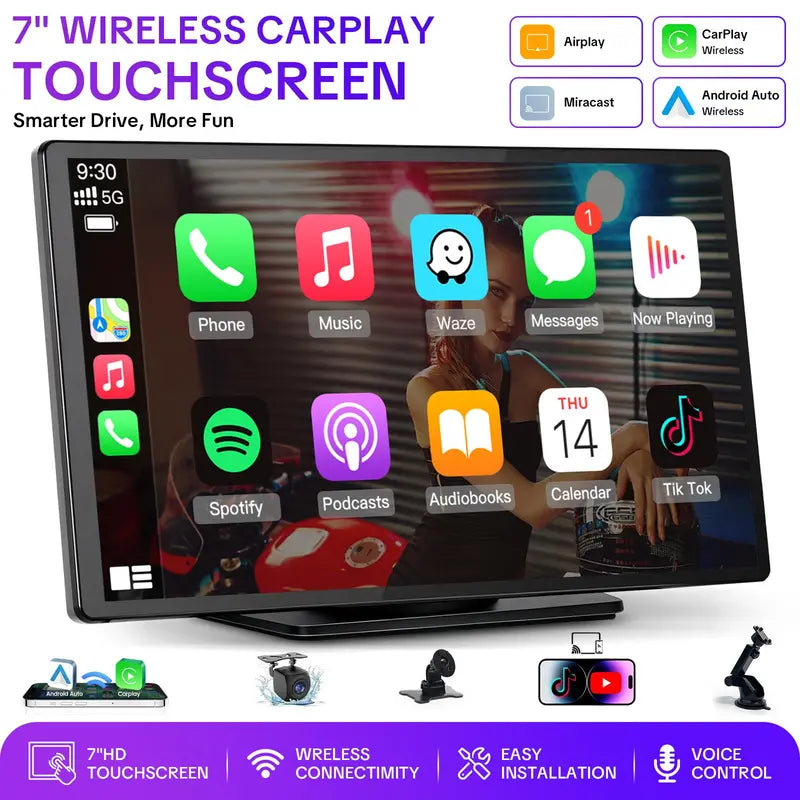 PASLDA 7-Inch Wireless CarPlay and Android Auto Display