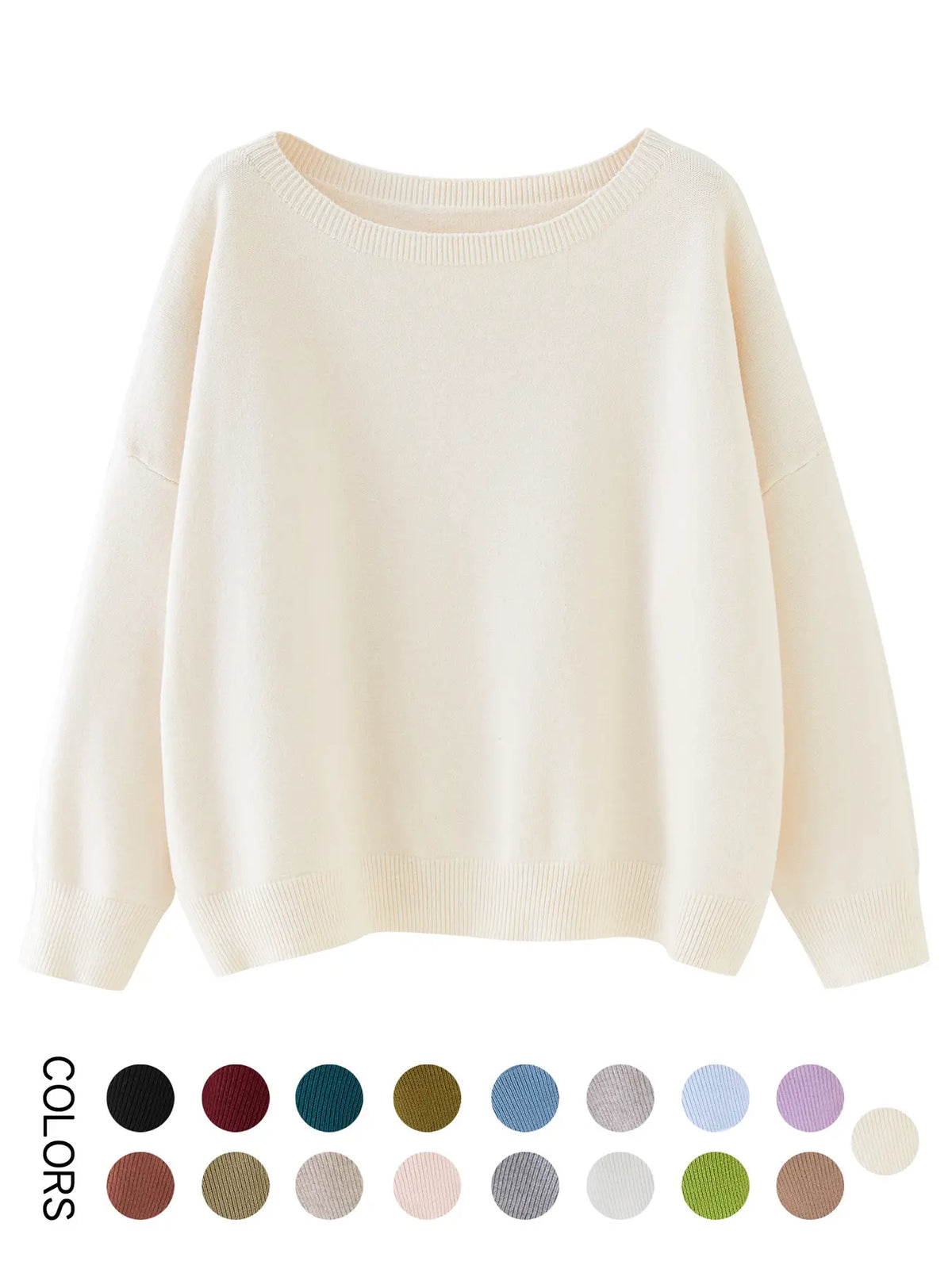 Scoop-Neck Drop-Shoulder Knit Sweater - Cream original variant photo