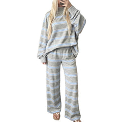 Striped Mock-Neck Top & Wide-Leg Pants Set - Grey