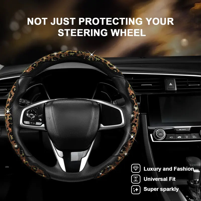 QUEEN'S LAND Black Leopard Rhinestone Steering Wheel Cover