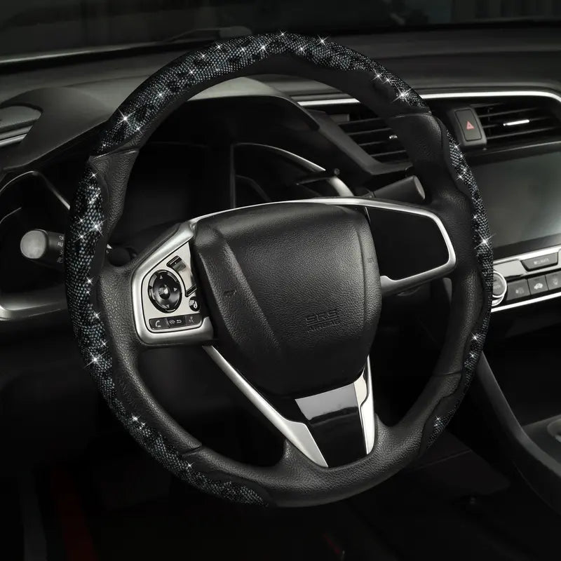 QUEEN'S LAND Black Leopard Rhinestone Steering Wheel Cover — Black Leopard