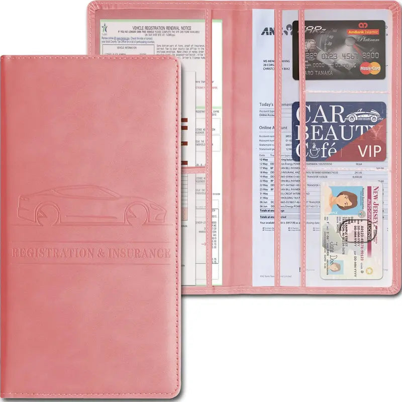 PU Leather Vehicle Registration and Insurance Organizer — pink