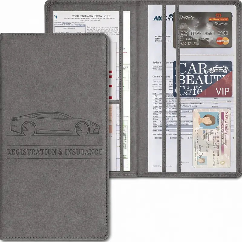 PU Leather Vehicle Registration and Insurance Organizer — grey