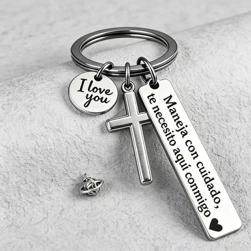 Spanish Drive-Safe Keychains with Cross Charm — Two-Piece Set
