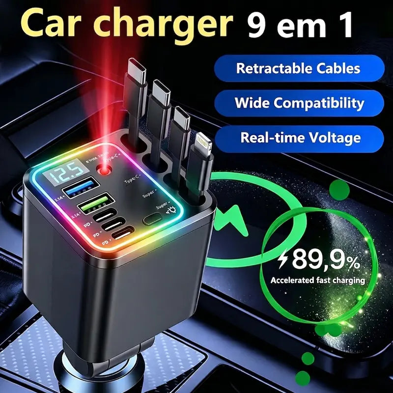 Nuokaiqi Retractable Car Charger with Ambient Light — 9 in 1 (4 cables)