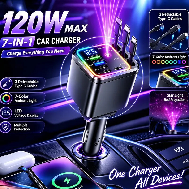 Nuokaiqi Retractable Car Charger with Ambient Light — 7 in 1 (purple light)