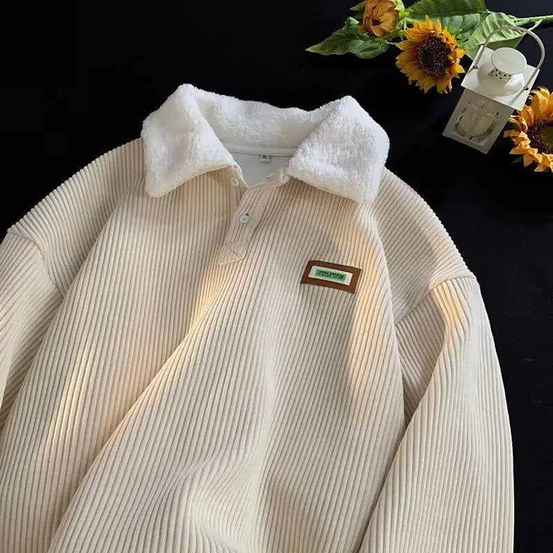 Corduroy Polo-Collar Long-Sleeve Pullover - apricot original variant photo