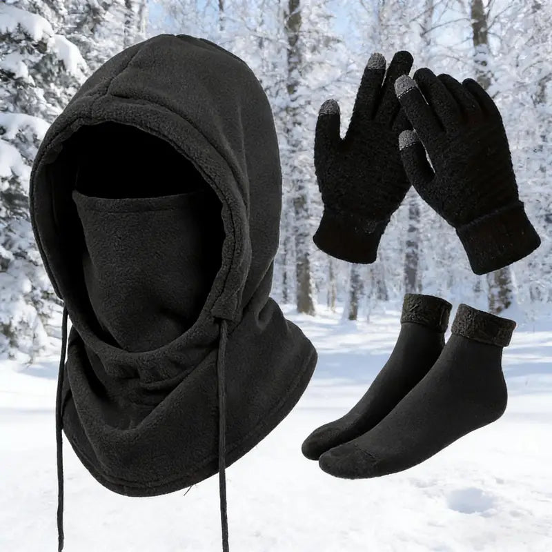Black Hood, Gloves and Optional Socks Winter Kit - source design and use details