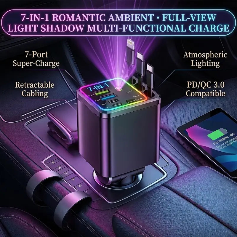 Retractable Car Charger with Star Light and Voltage Display — CC-STAR-3RET-PDQC-PUR