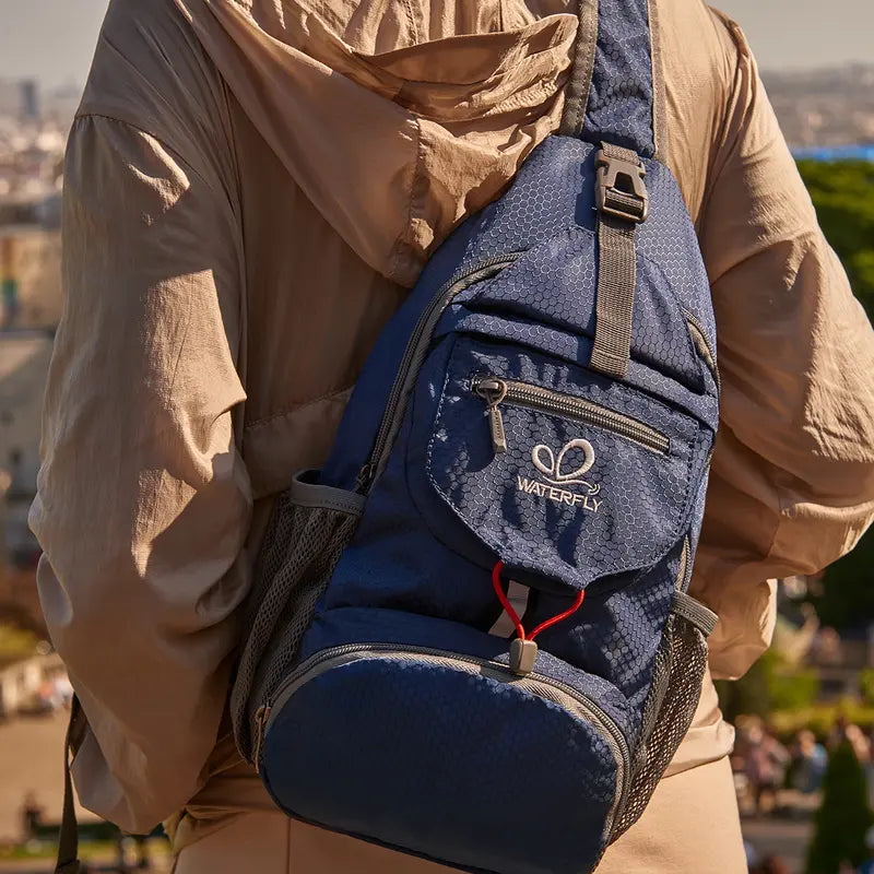 WATERFLY packable sling backpack - shared product features and use illustration