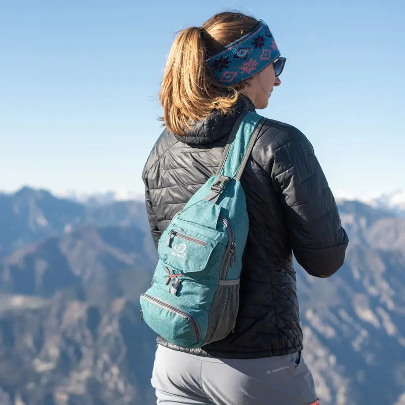 WATERFLY packable sling backpack - shared product features and use illustration