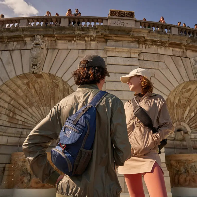 WATERFLY packable sling backpack - shared product features and use illustration