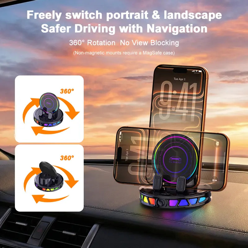 360° Rotating Wireless Charging Car Phone Holder with RGB Lights