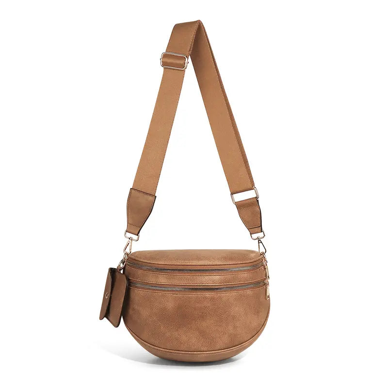 Adjustable Crossbody Bag in Black, Brown or Striped Pink - pure brown