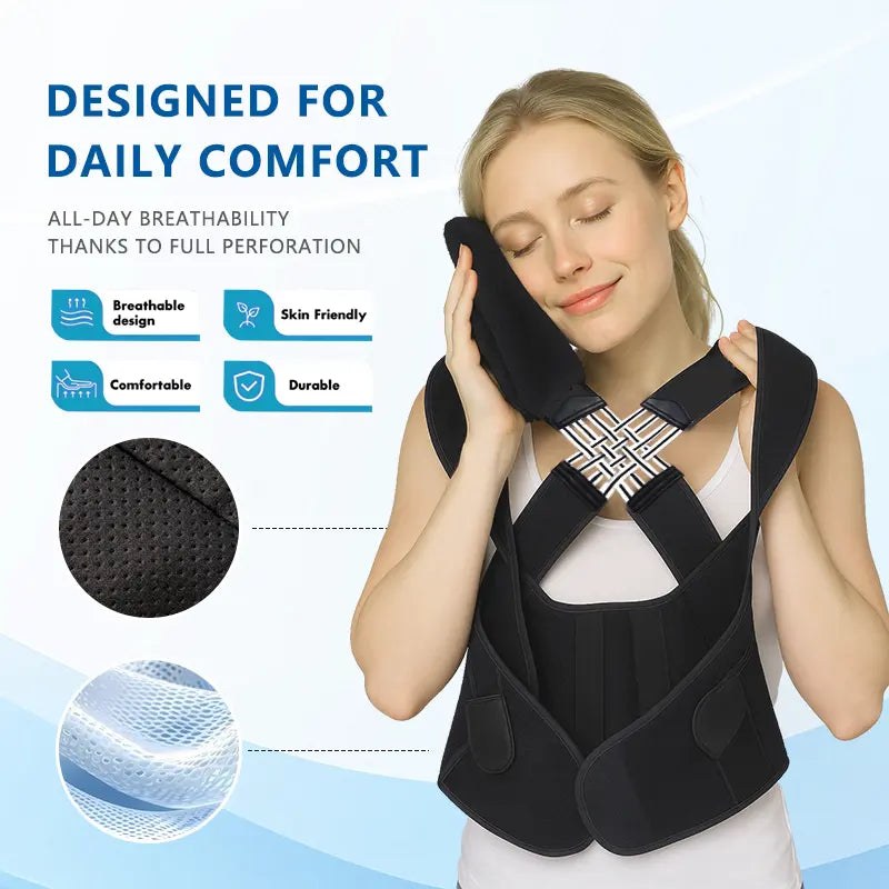 Adjustable Black Back and Shoulder Support Wrap - source design and use details