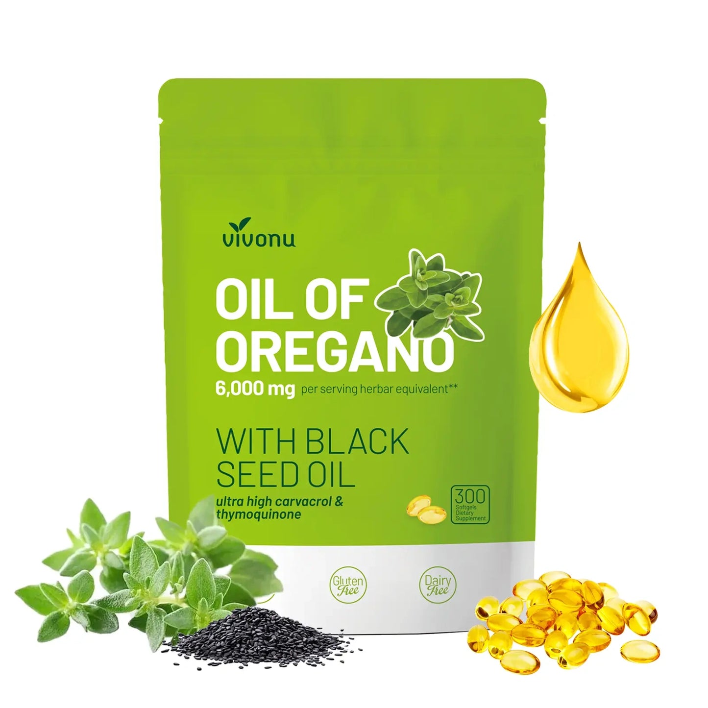 VivoNu Oil of Oregano with Black Seed Oil 300 Capsules
