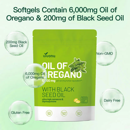 VivoNu Oil of Oregano with Black Seed Oil 300 Capsules