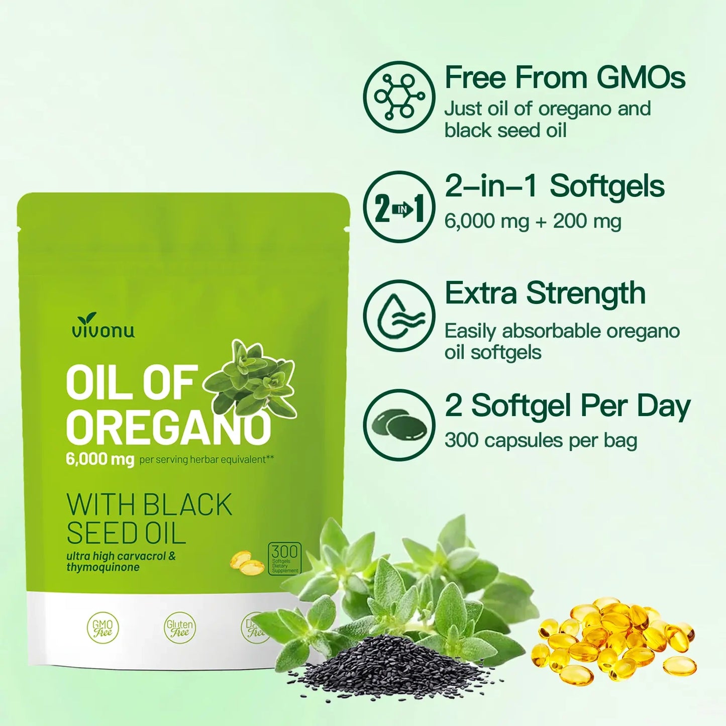 VivoNu Oil of Oregano with Black Seed Oil 300 Capsules