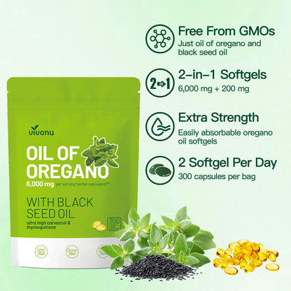 VivoNu Oil of Oregano with Black Seed Oil 300 Capsules