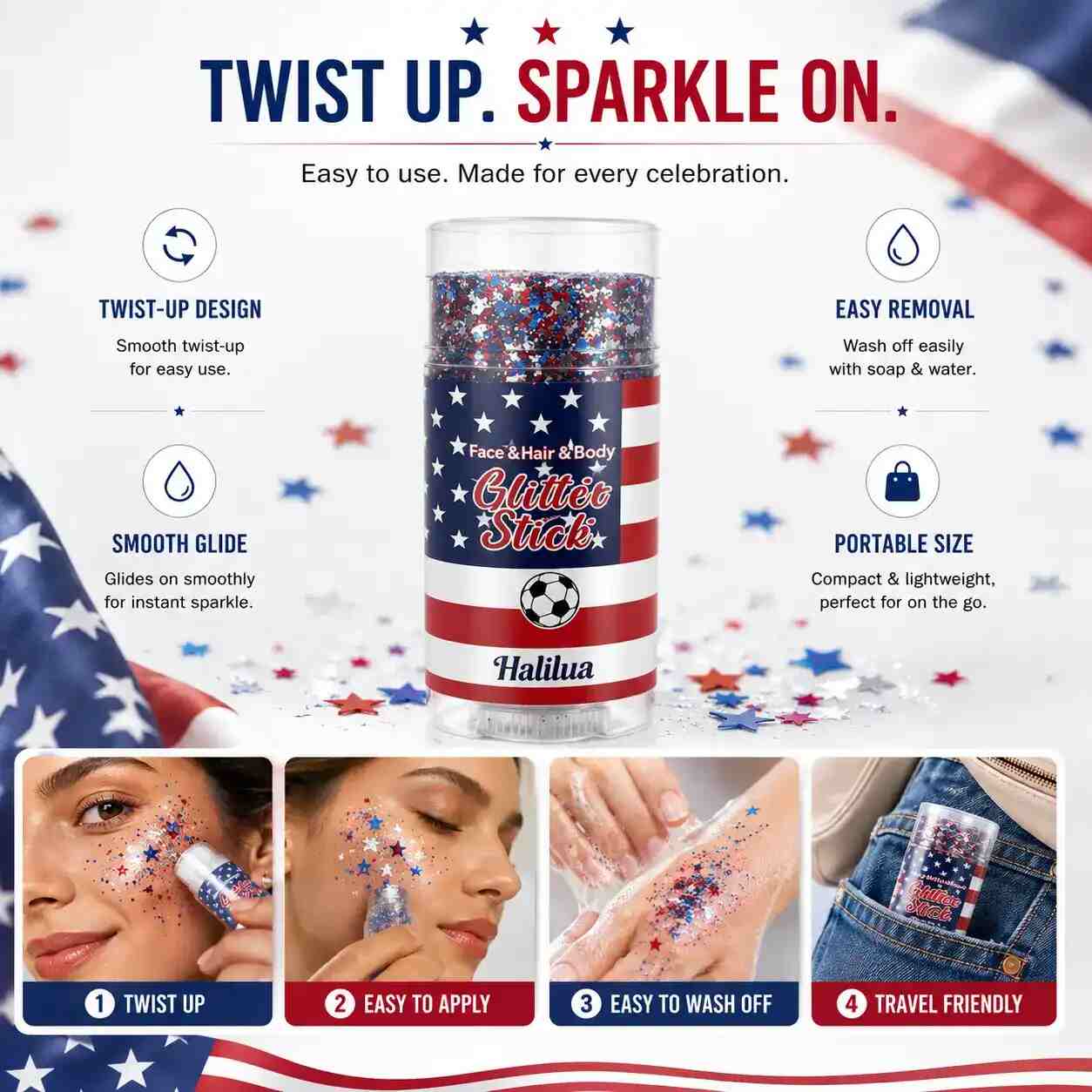 Instant Red, White & Blue Patriotic Glitter Stick