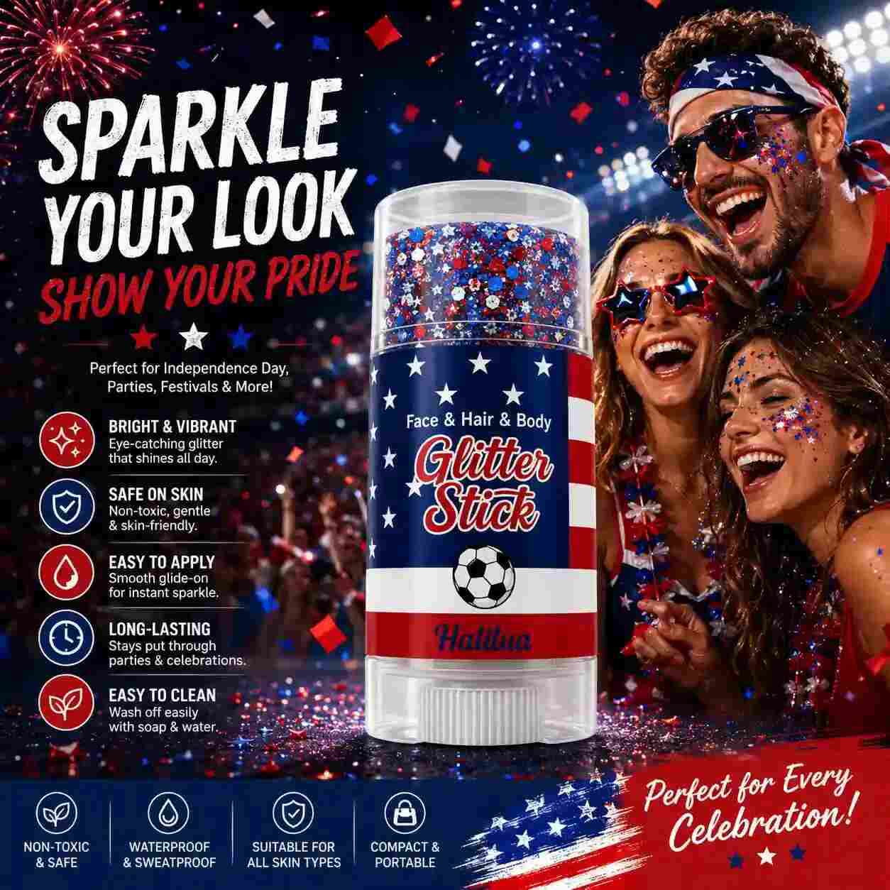 Instant Red, White & Blue Patriotic Glitter Stick