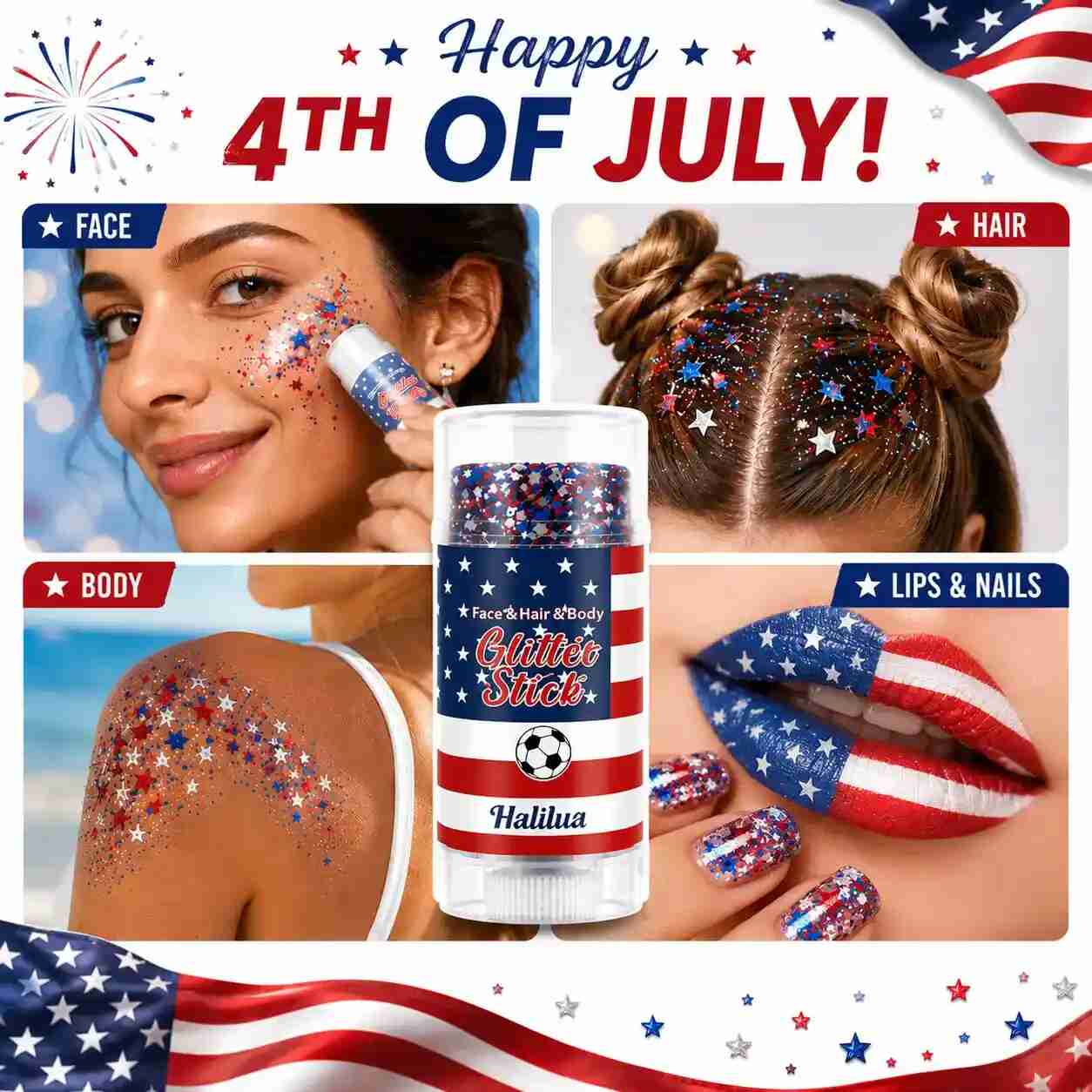 Instant Red, White & Blue Patriotic Glitter Stick