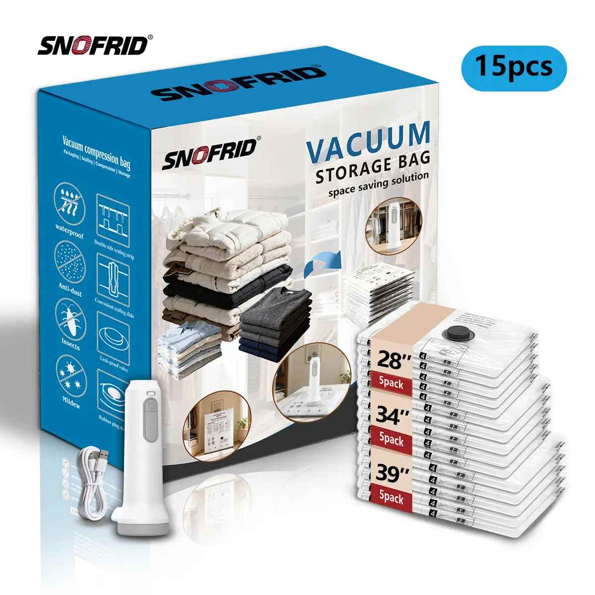 Rechargeable Travel Vacuum Compression Bags 15-Pack