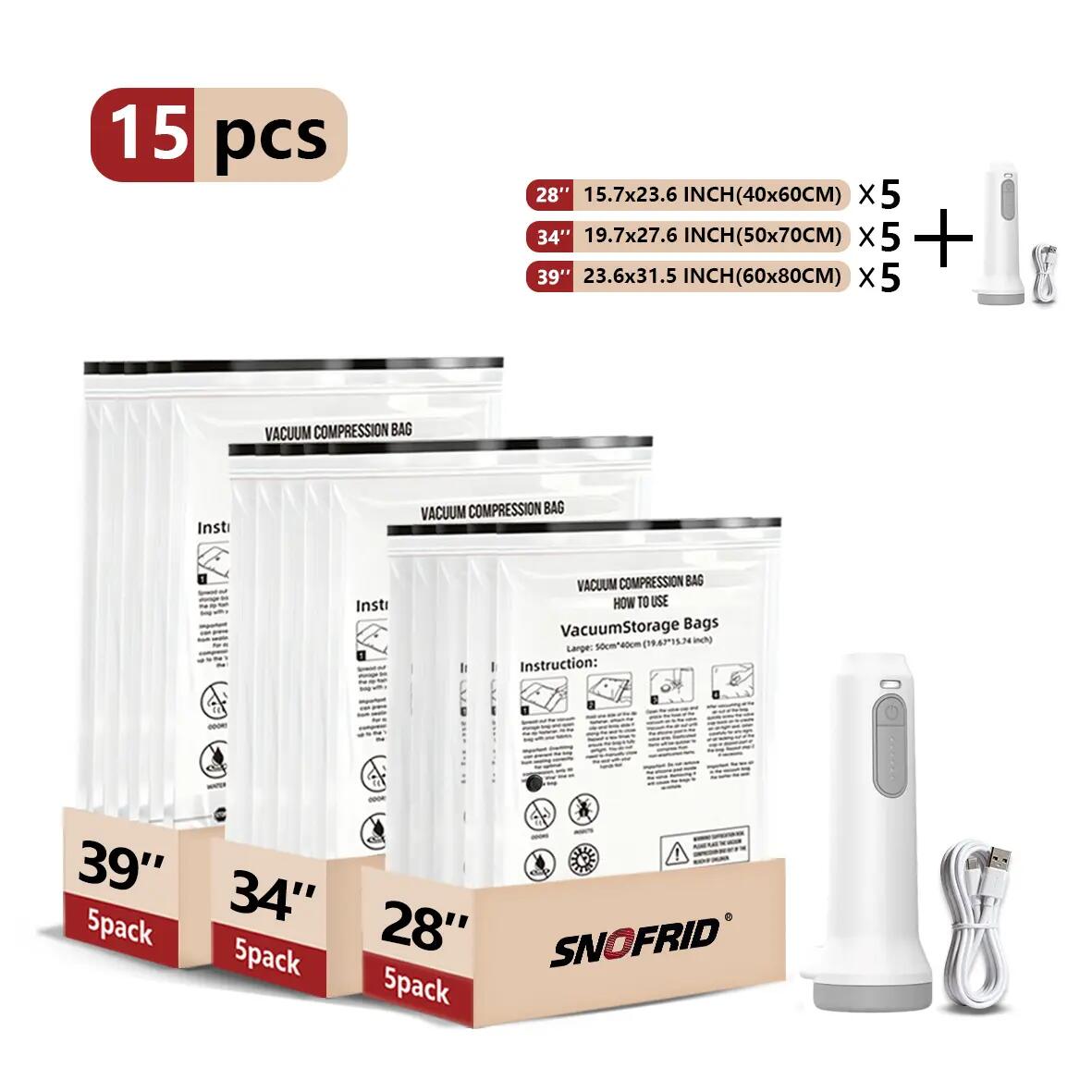Rechargeable Travel Vacuum Compression Bags 15-Pack