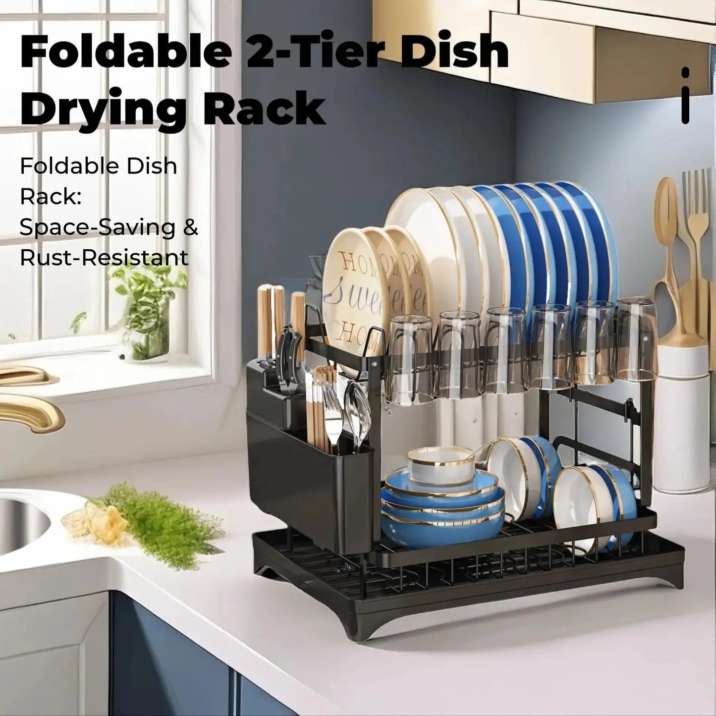 Space-Saving Foldable Stainless Steel Dish Drying Rack with Drainboard