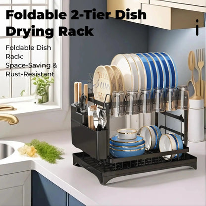 Space-Saving Foldable Stainless Steel Dish Drying Rack with Drainboard