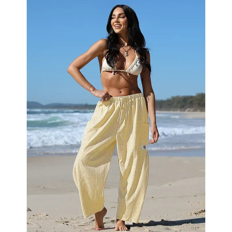 Womens Wide Leg Gingham Striped Plaid Pants