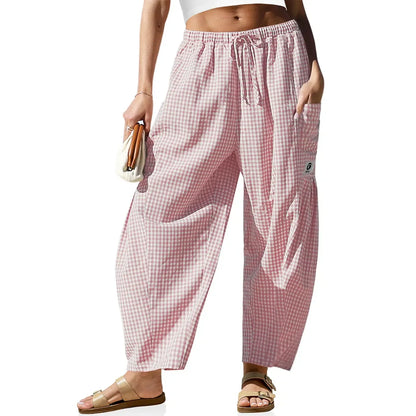Womens Wide Leg Gingham Striped Plaid Pants