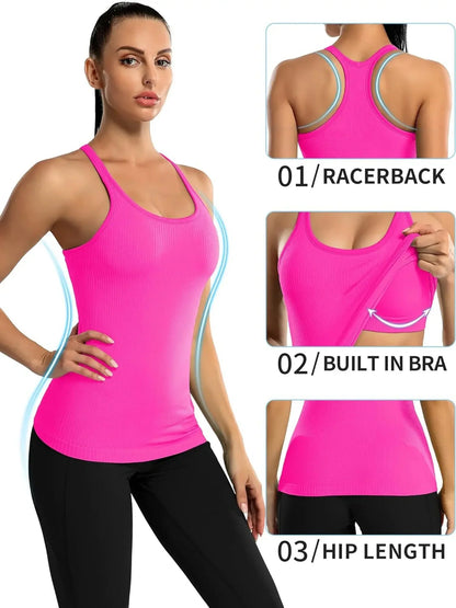 Ribbed Built-In Bra Workout Tank Top – Tight Racerback Athletic Summer Crop