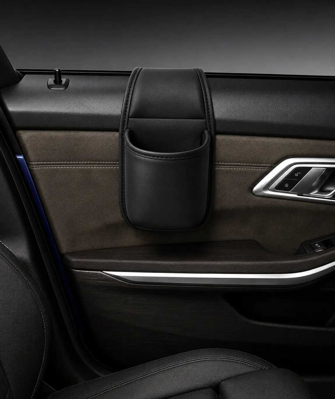 2-layer black leather car door organizer