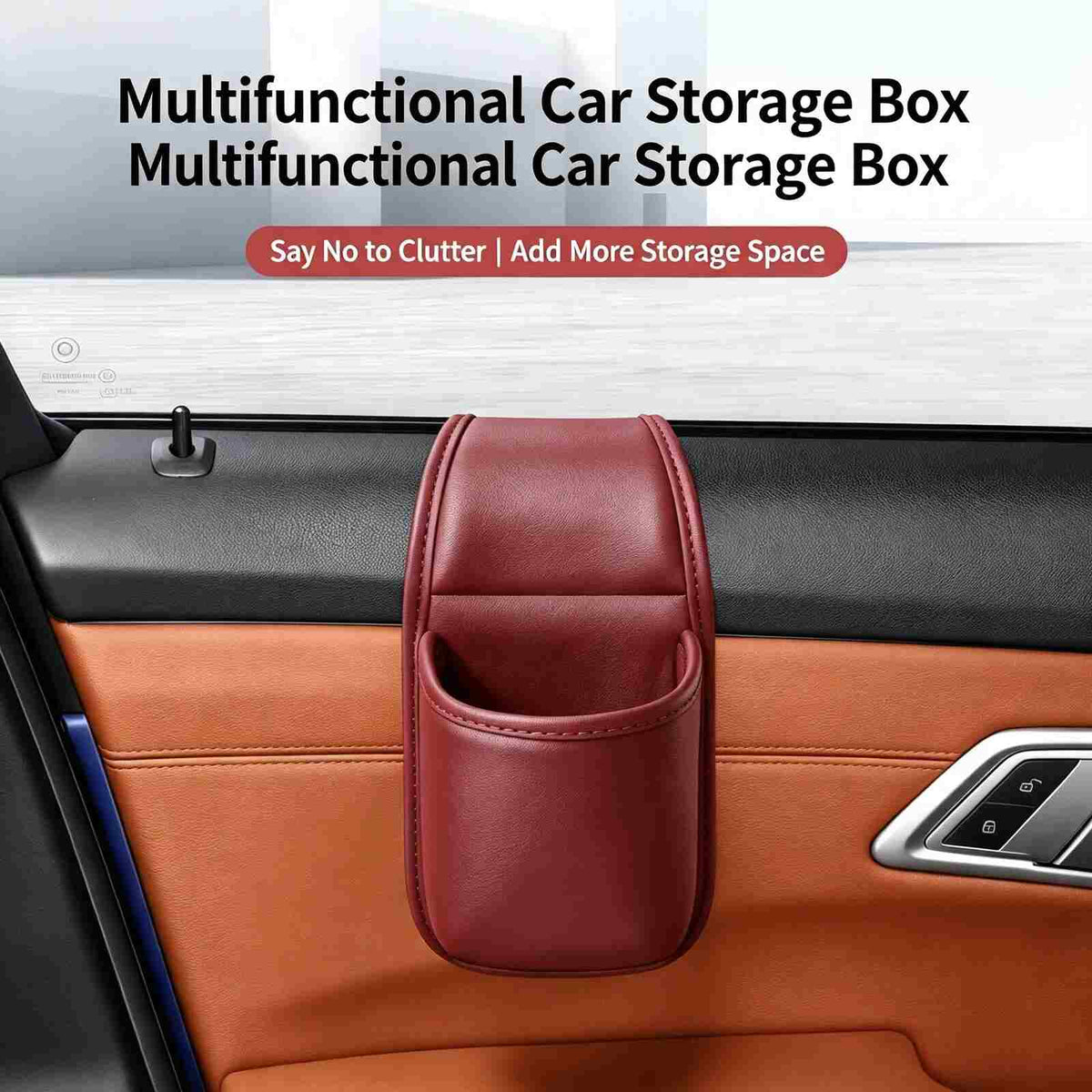 Red car door organizer installed in vehicle