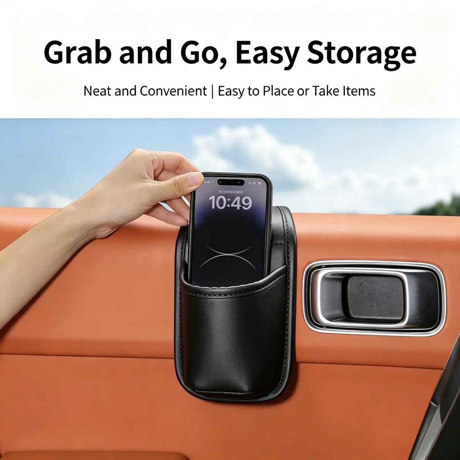 Phone being placed into car door organizer