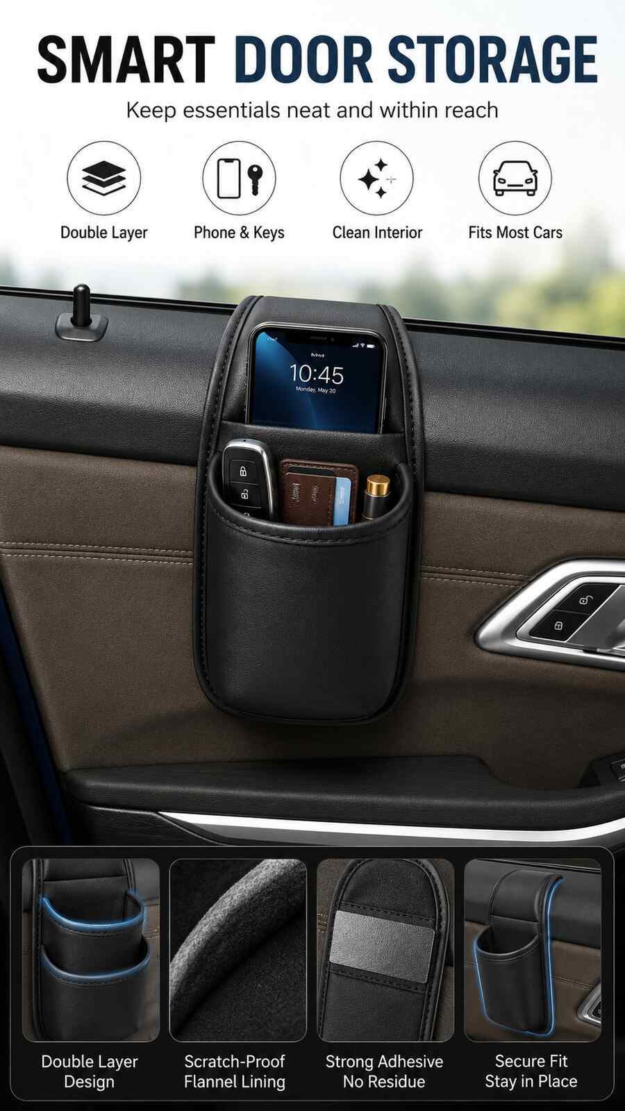 Car door neatly organized after installing storage pocket