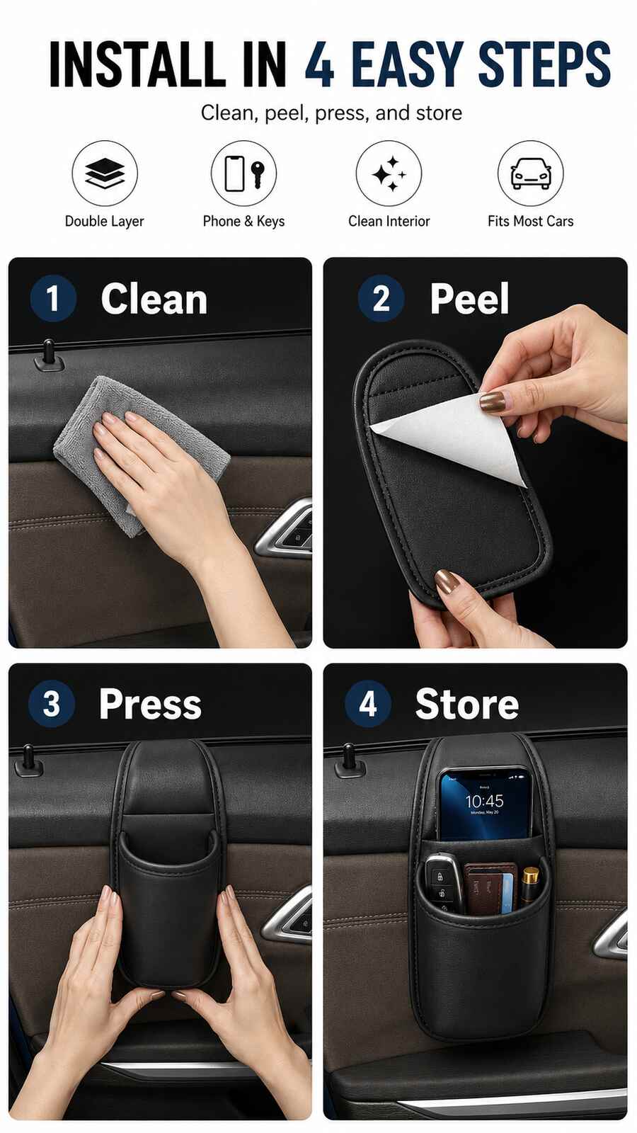 Four step installation guide for car door organizer