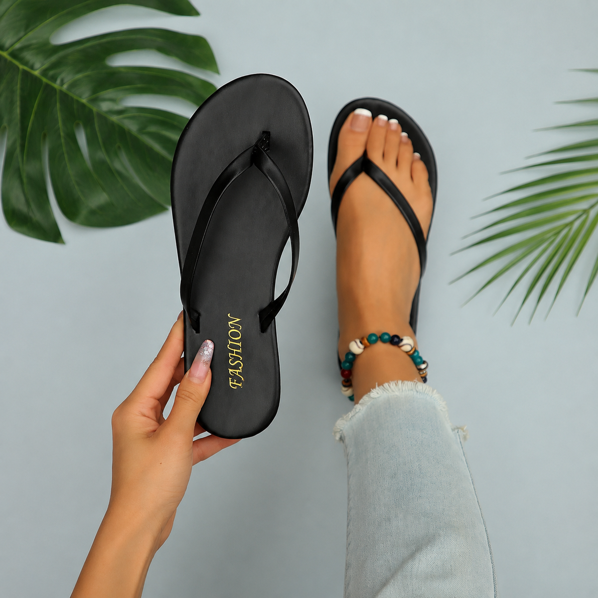 Square-Toe Flat Slip-On Summer Sandals