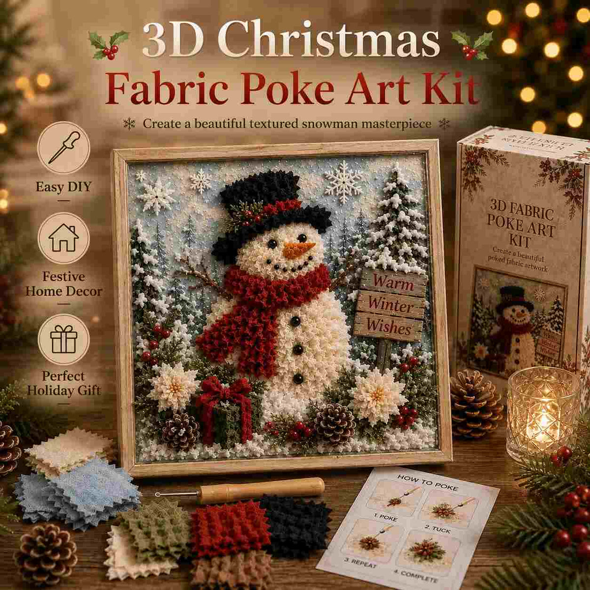 3D Christmas Snowman Fabric Poke Art Kit