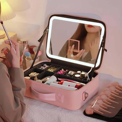 LED Mirror Travel Makeup Bag with Dividers